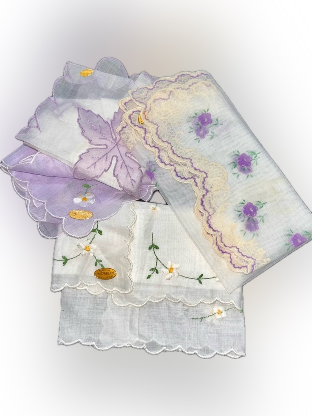 VTG 50s Swiss Embroidered Handkerchief Set 3 NOS MCM Poetcore Floral Bridal Chic